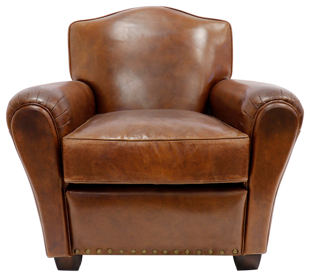 Pasargad Home Palermo Genuine Leather Wing Chair, Brown