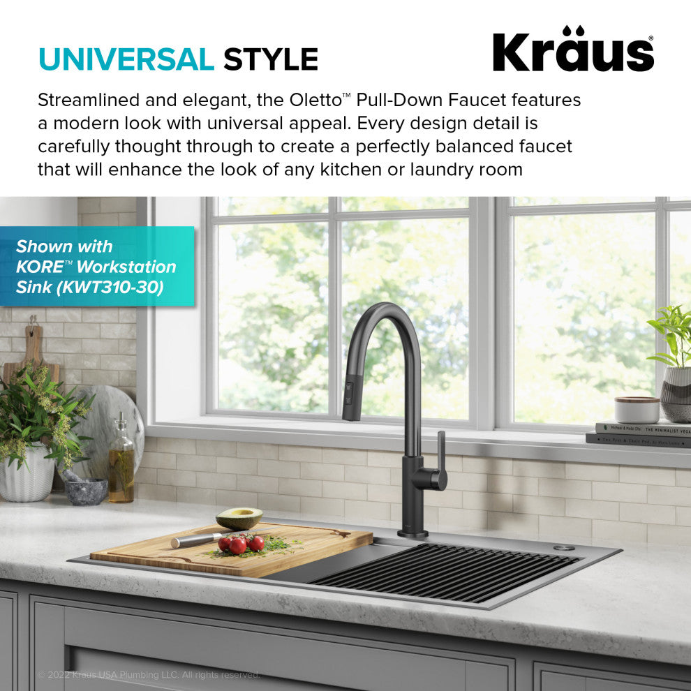 Oletto Pull-Down 1-Hole Kitchen Faucet, Matte Black/Spot Free Black Stainless