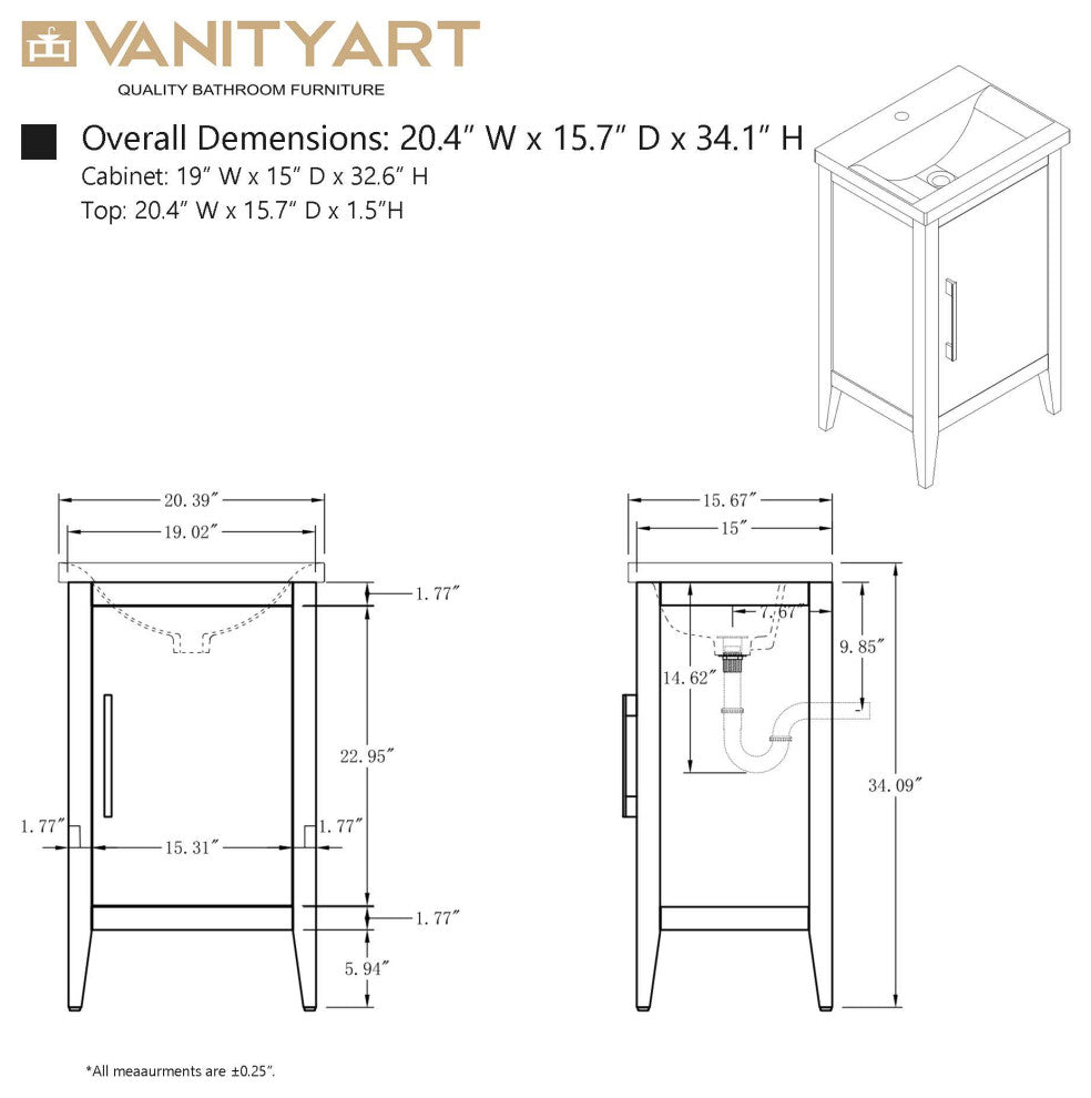 Vanity Art Bathroom Vanity With Sink, White, 20", Single Sink, Matte Black