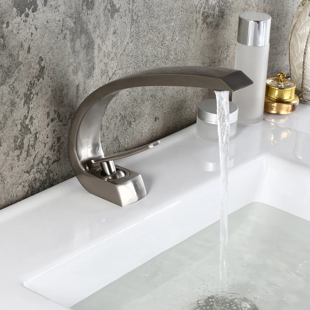 Single Hole 1-Handle Bathroom Sink Faucet Curved Spout with Pop Up Drain, Brushed Nickel