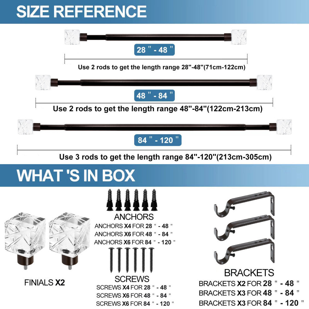 1" Diameter Cut Ice Single Drapery Curtain Rod, Bronze, 48"-84"