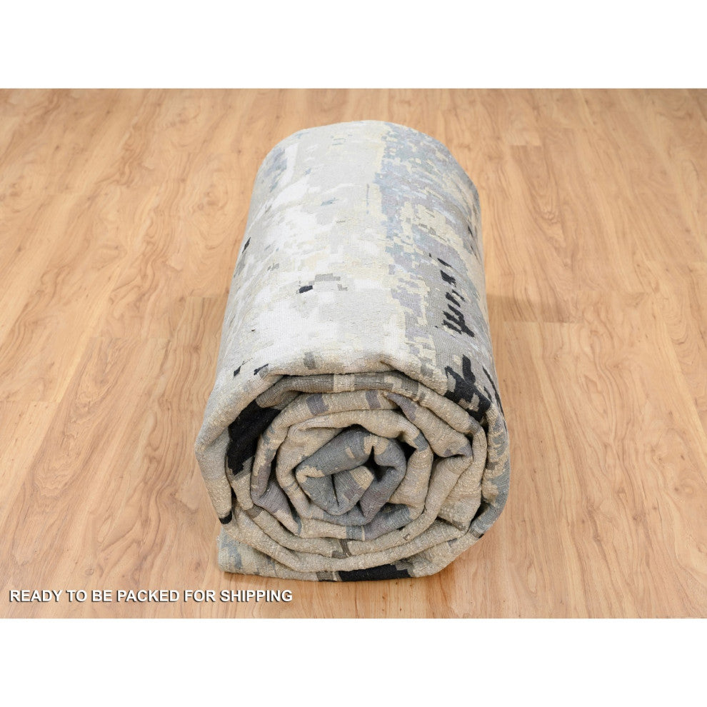 Gray Wool and Silk Hand Knotted Modern Abstract Design Oversized Rug 12'0"x17'9"