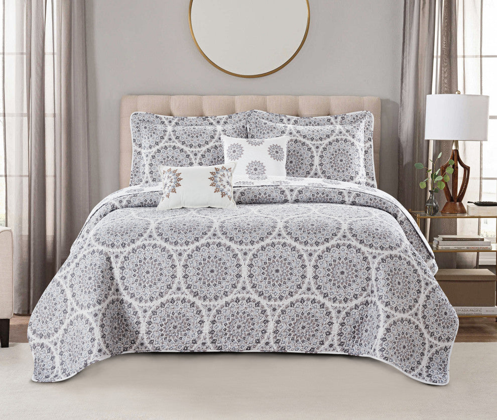 Tribal Medallion 5 Piece Printed Microfiber Quilts Set, Gray, King 102"x90"