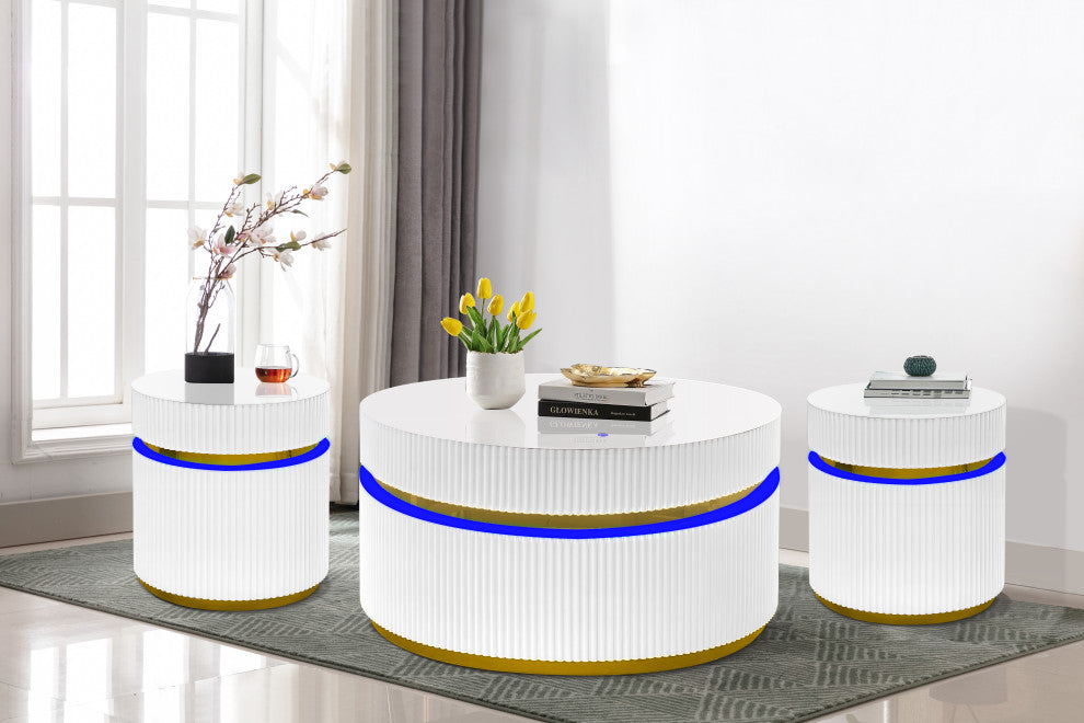 Tavita 3-Piece Round Coffee Table Set With Glass Top and LED Lights