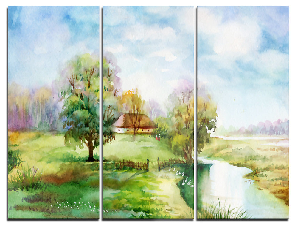 "Village Life" Glossy Metal Wall Art, 3 Panels, 36"x28"
