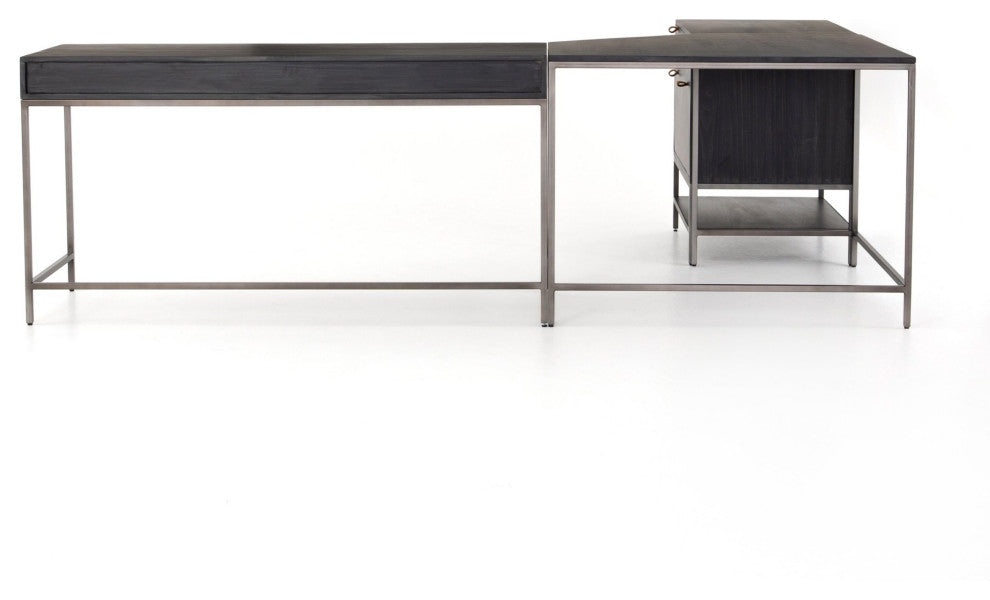 Trey Desk System With Filing Cabinet Black Wash, Natural Iron, Toffee Leather