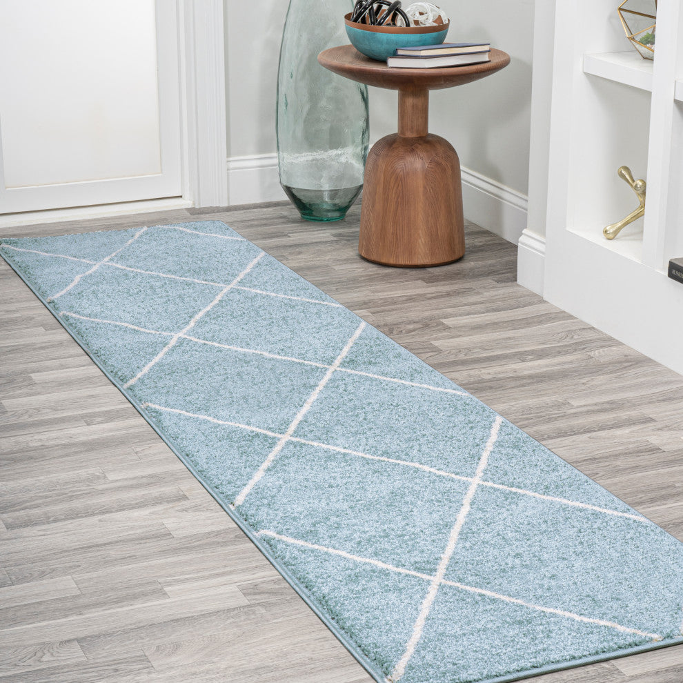 Cole Minimalist Diamond Trellis Light Blue/White 2 ft. x 8 ft. Runner Rug