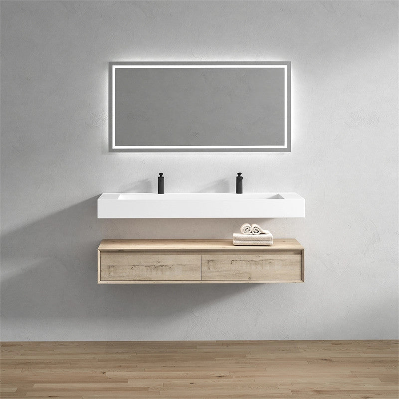 Alysa 60'' Floating Vanity, Acrylic Sink, Double Faucet Hole, Light White Oak