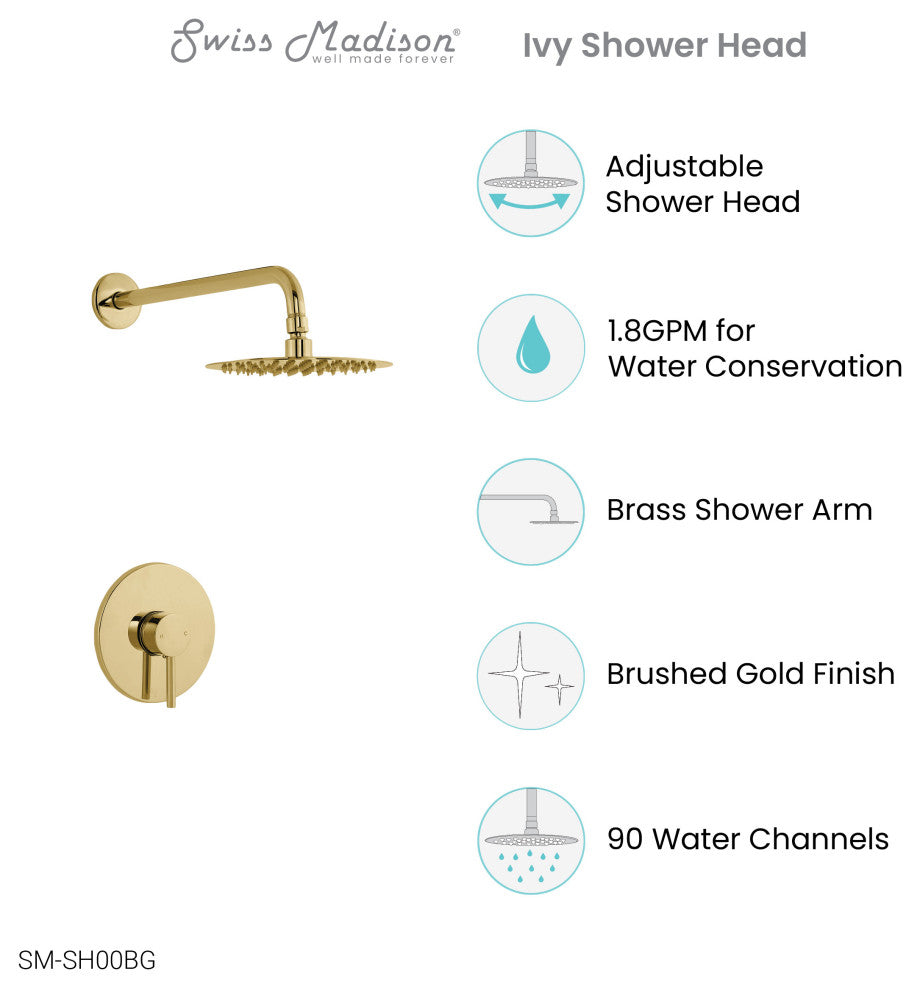 Ivy Single Handle 1 Spray 8" Wall Mounted Fixed Shower Head, Brushed Gold