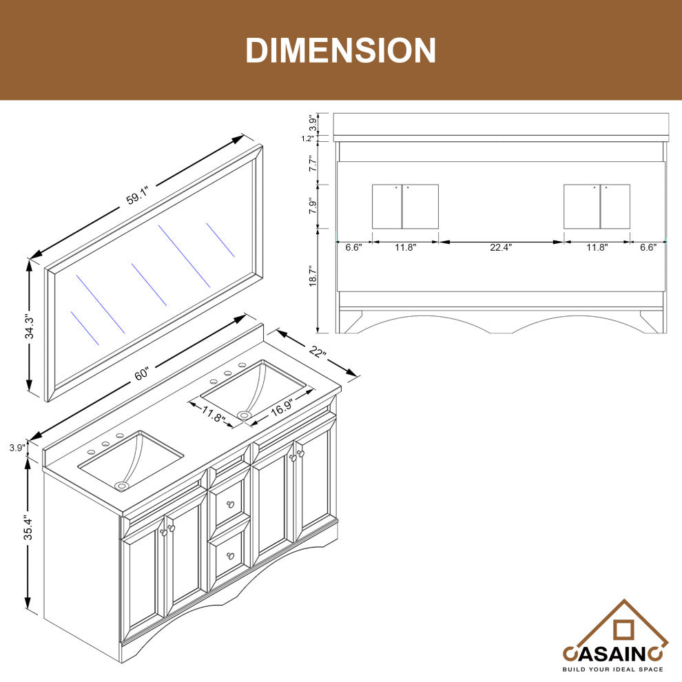 CASAINC 60" Marble Top Double Sink Bathroom Vanity with Mirror, Gray