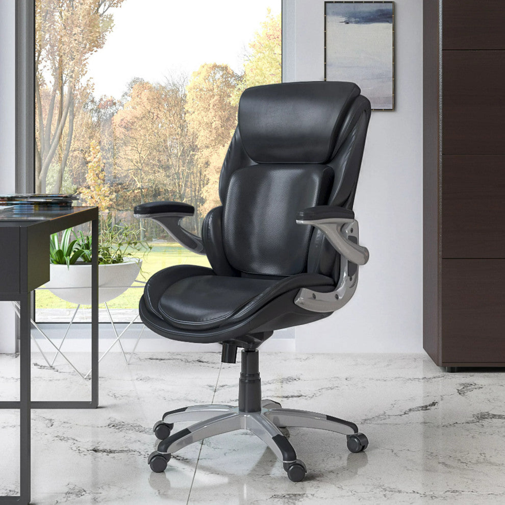 Modern Swivel Office Chair, Padded Faux Leather Seat With Adjustable Arms, Black