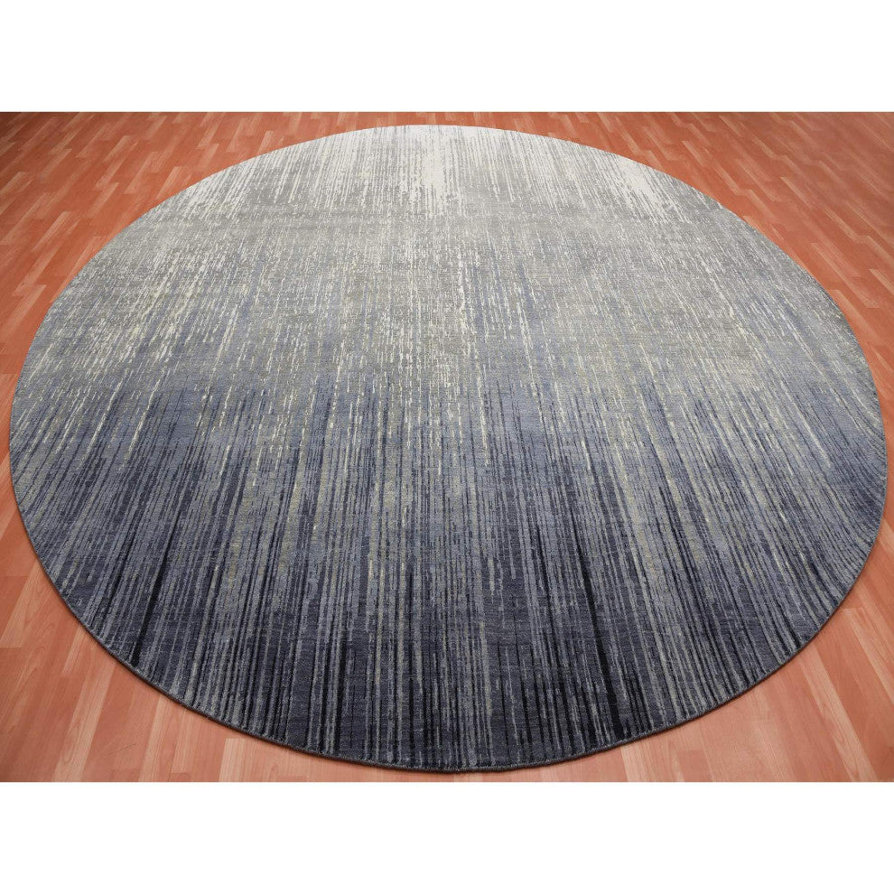 Blue/Gray Hand Knotted Modern Ombre Pure Wool Round Oriental Rug, 12'1"x12'2"