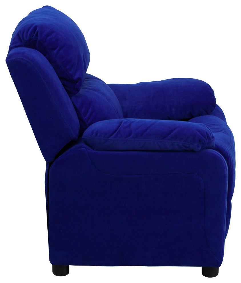 Deluxe Padded Kids Recliner With Storage Arms, Blue Microfiber
