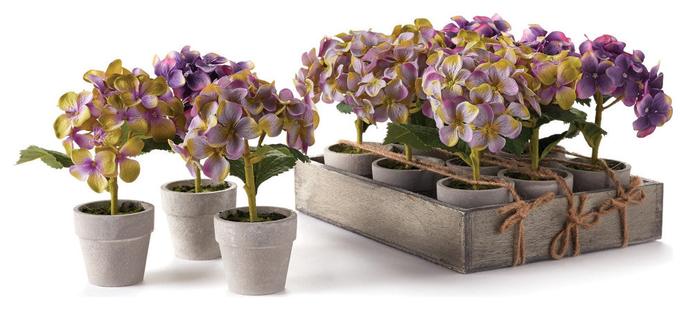 Set 12 Mini Hydrangea Faux Floral Plants in Pots Rustic Gift Purple Flowers