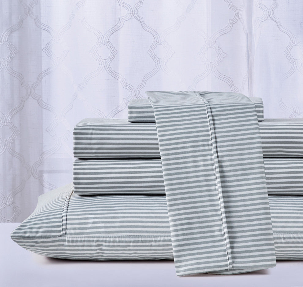 Bibb Home 4 Piece Printed Microfiber Sheet Set, Gray Stripes, King