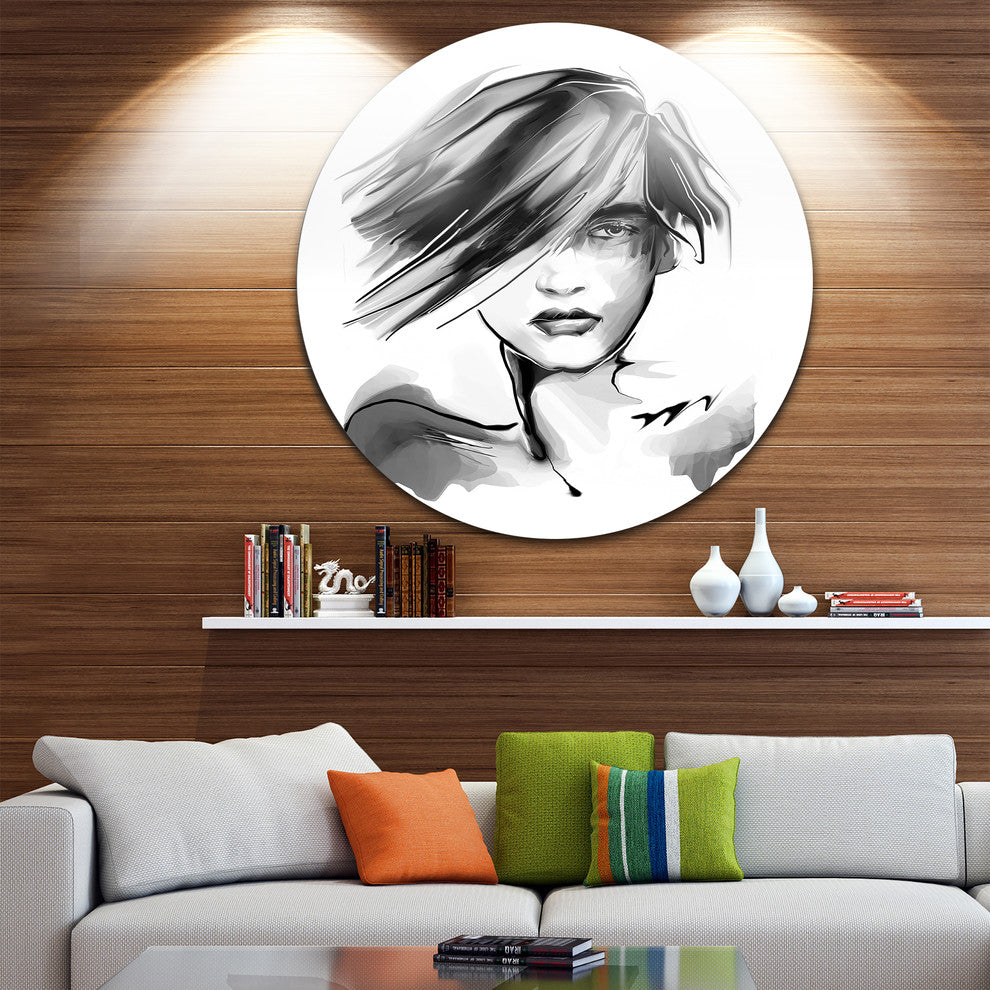 Young Woman Black White, Portrait Digital Art Disc Metal Artwork, 36"