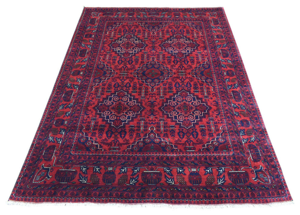 Red Hand Knotted Tribal Design Soft Wool Afghan Khamyab Oriental Rug, 4'10"x6'7"