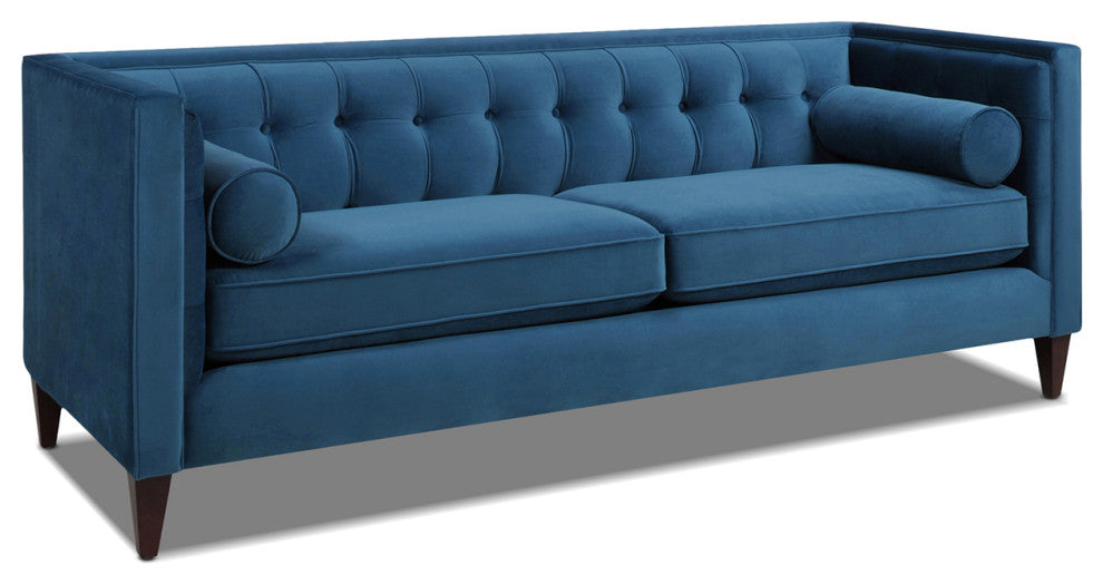 Jack 84" Modern Tuxedo Sofa With Bolster Pillows, Satin Teal Velvet