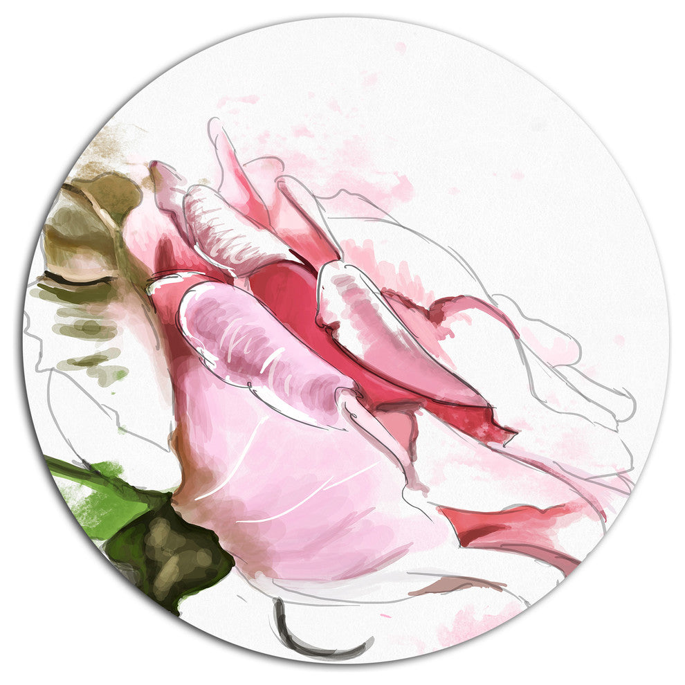 Pink Rose Illustration On White, Flower Disc Metal Wall Art, 23"
