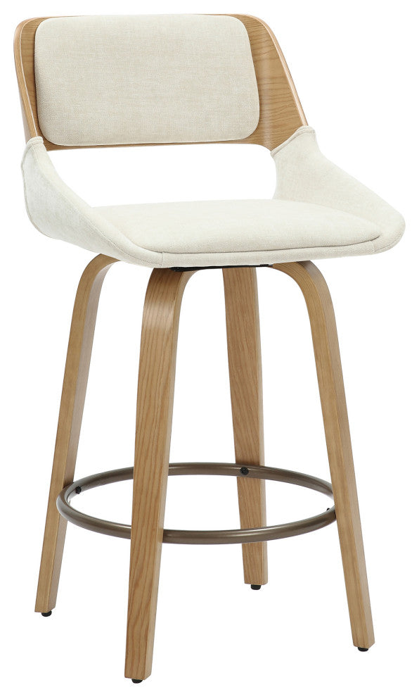 Mid-Century Modern Fabric and Wood 26" Counter Stool With Swivel, Beige/Natural