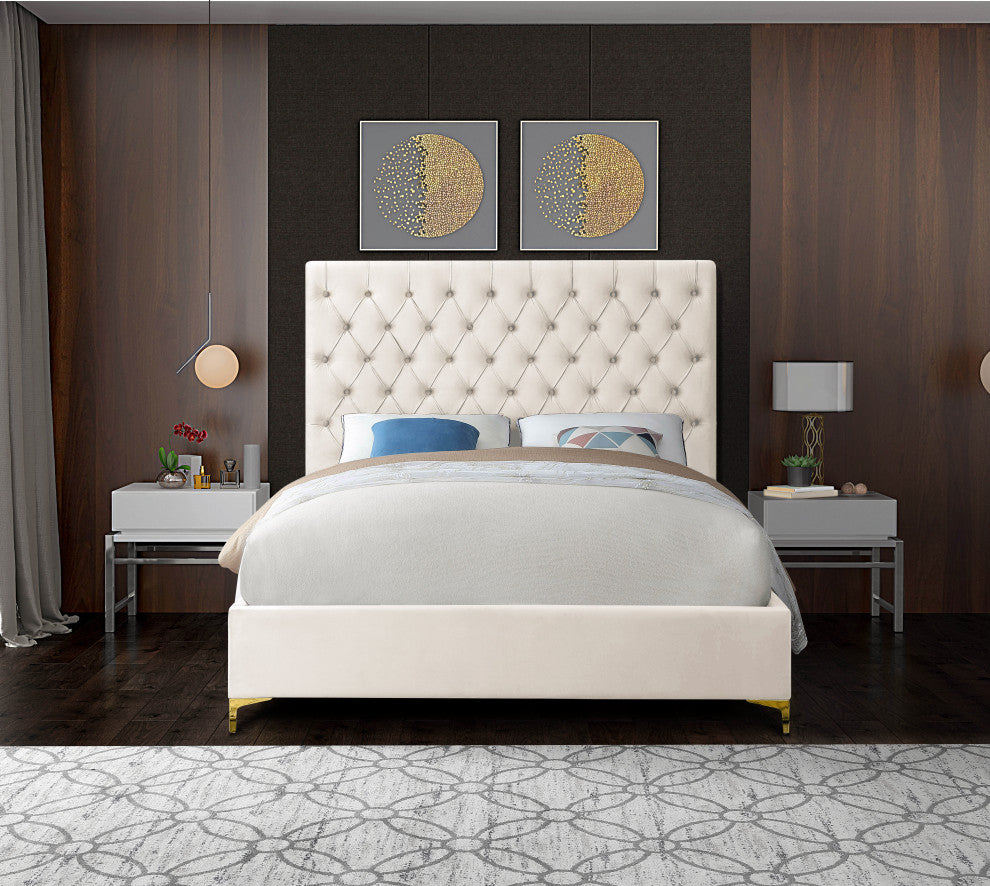 Cruz Velvet Upholstered Bed, Cream, Full