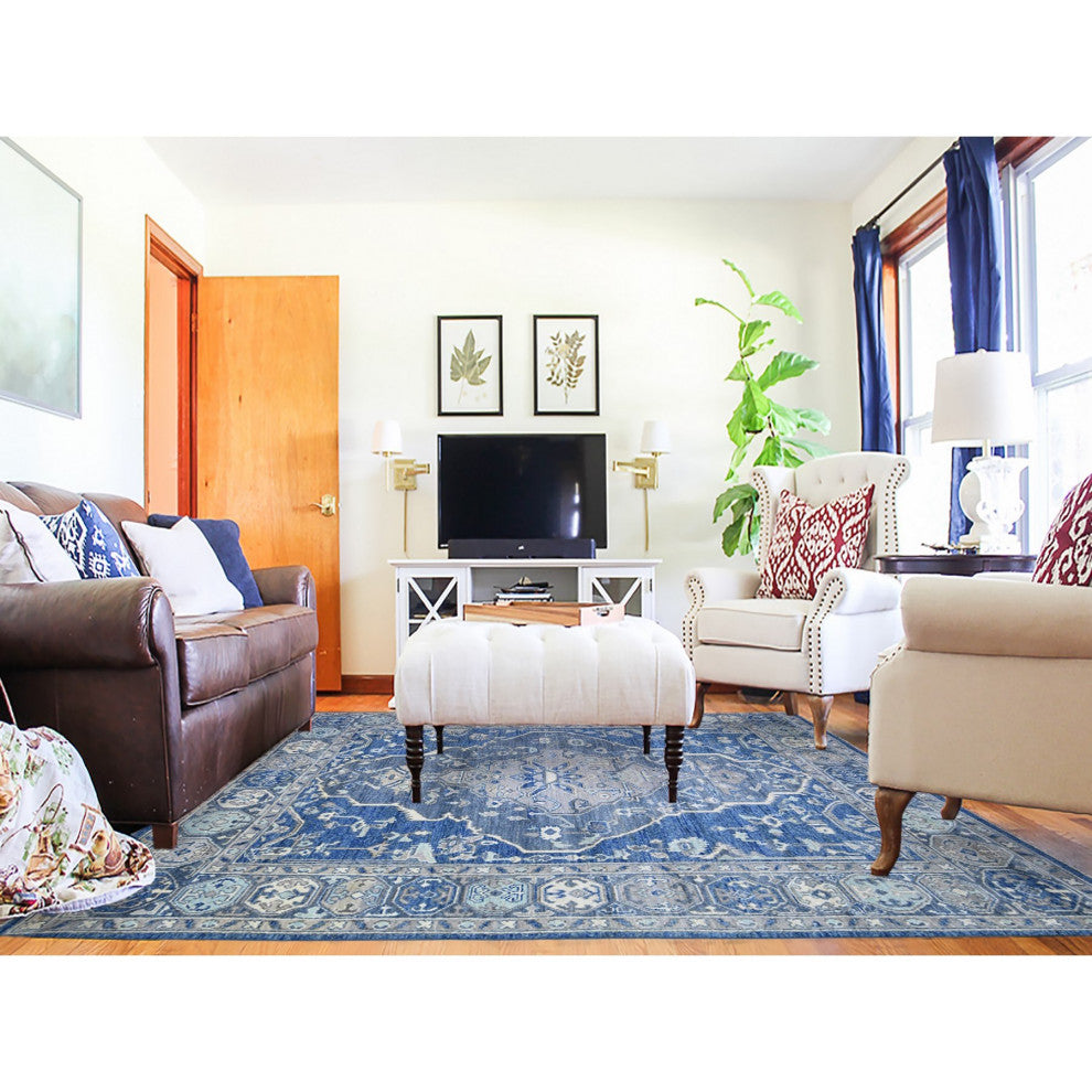 Steel Blue, Anatolian Village Inspired Soft Wool Hand Knotted Rug, 8'x10'1"