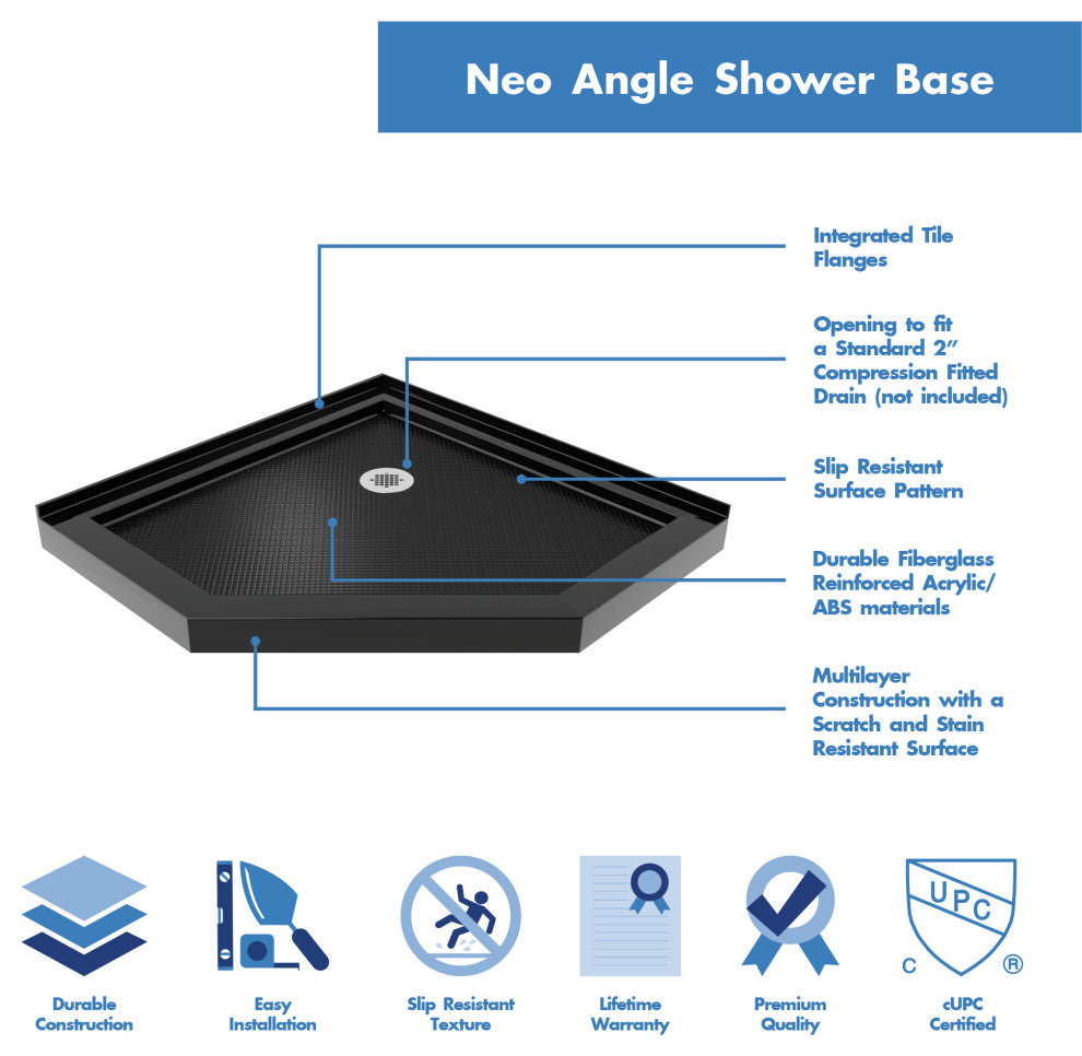 DreamLine SlimLine 42x42x2 3/4 Corner Drain Neo-Angle Shower Base, Black