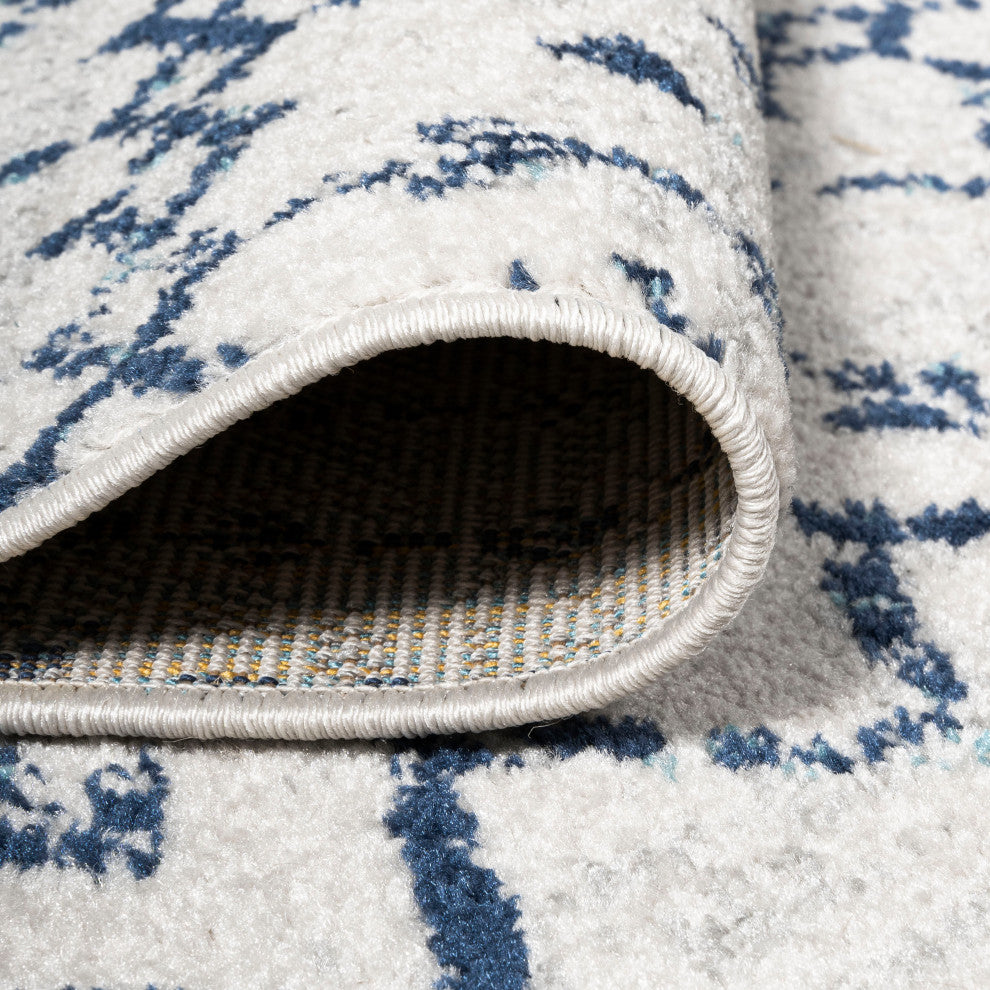 Moroccan HYPE Boho Vintage Diamond Runner Rug, Cream/Navy, 2 X 8