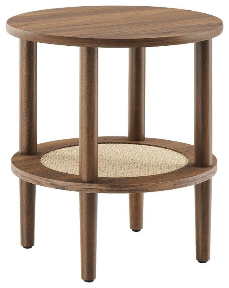 Modway Torus Round Wood Side Table with Lower Rattan Shelf in Walnut