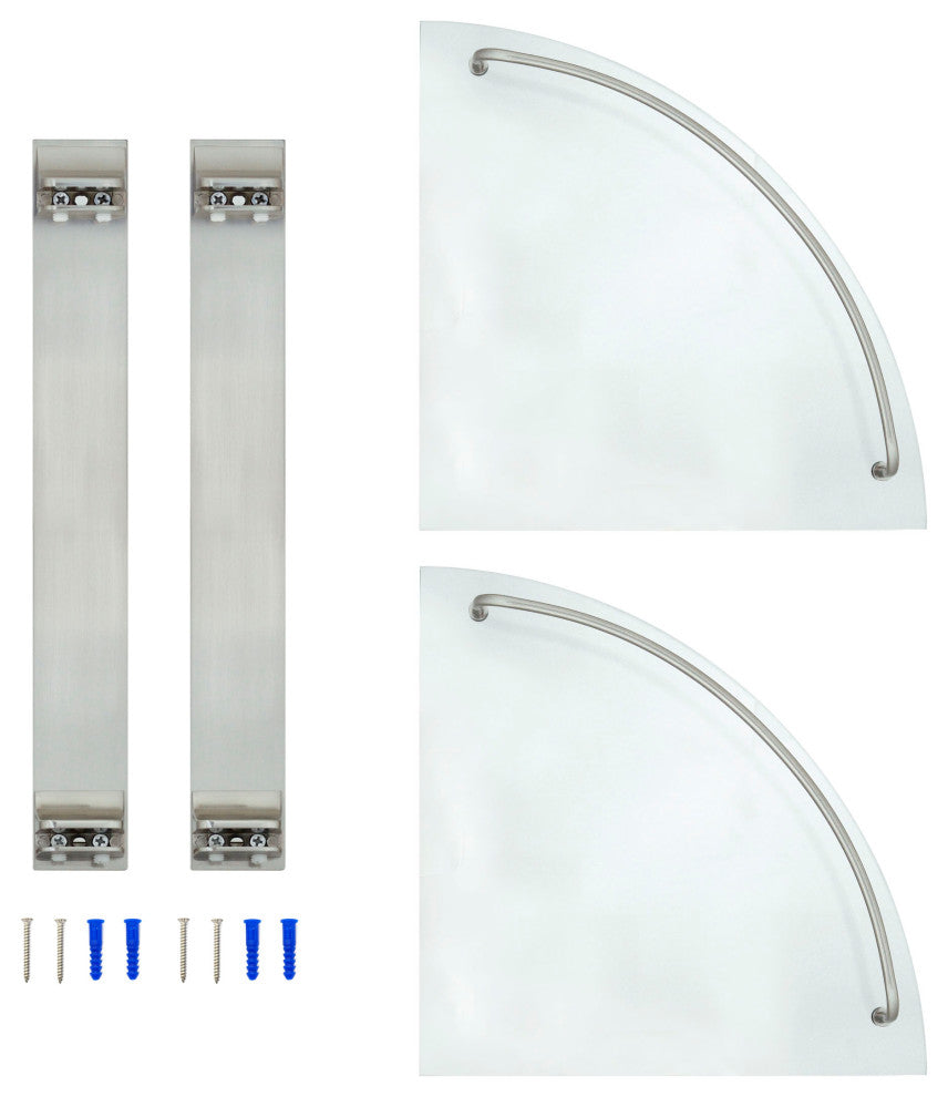 MODONA's 9.5" Double Glass Corner Shelf With Rail, Satin Nickel