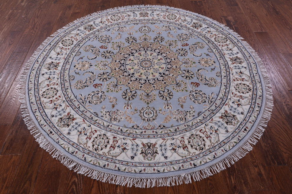6' Round Persian Nain Wool & Silk Handmade Rug - Q14746