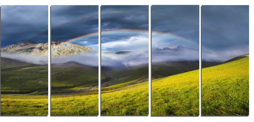 Rainbow in Mountain Valley, Landscape Canvas Art Print, 60"x28", 5 Panels