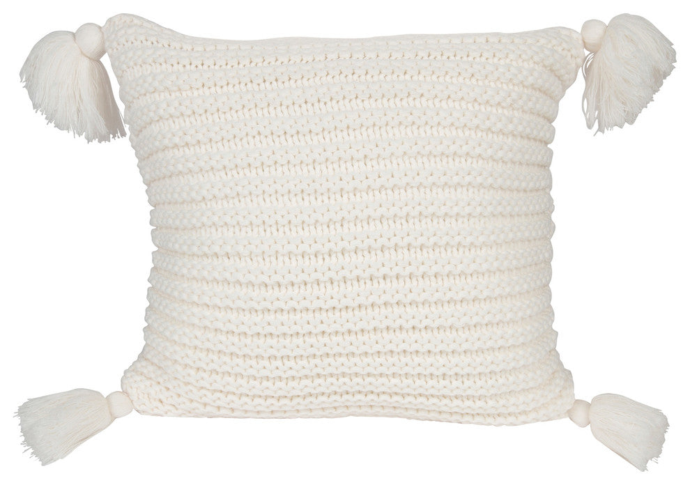 Tassey Large Knit Pillow Cover with Tassels, White 18x18