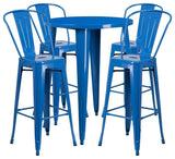 Flash Commercial Grade 30" Round Blue Metal Bar Table Set & 4 Cafe Stools