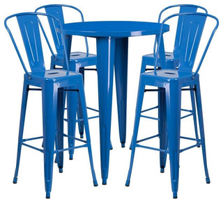 Flash Commercial Grade 30" Round Blue Metal Bar Table Set & 4 Cafe Stools