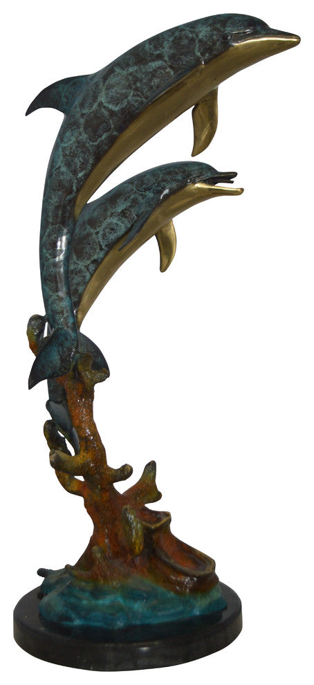 Two Dolphins fountain Bronze Statue on a marble -  Size: 19"L x 15"W x 36"H.