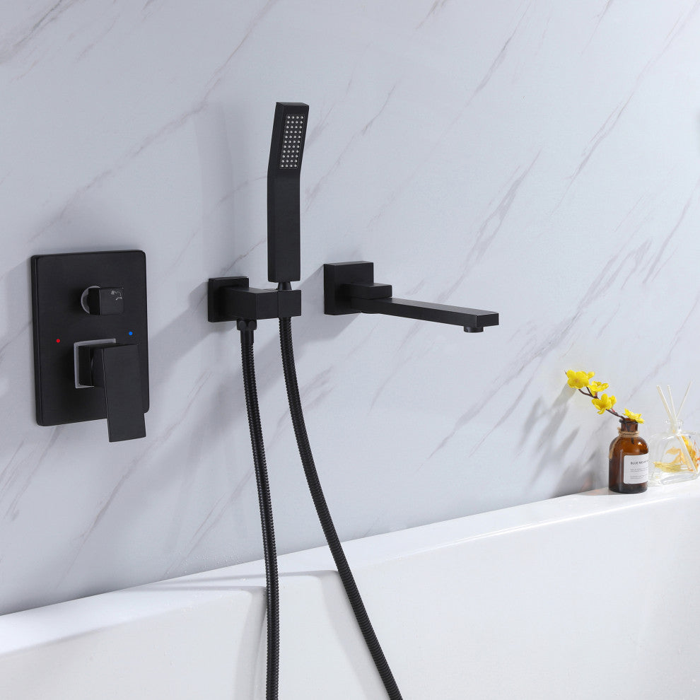 Wall Mounted Roman Bathtub Faucet With Brass Handheld Shower, Matte Black