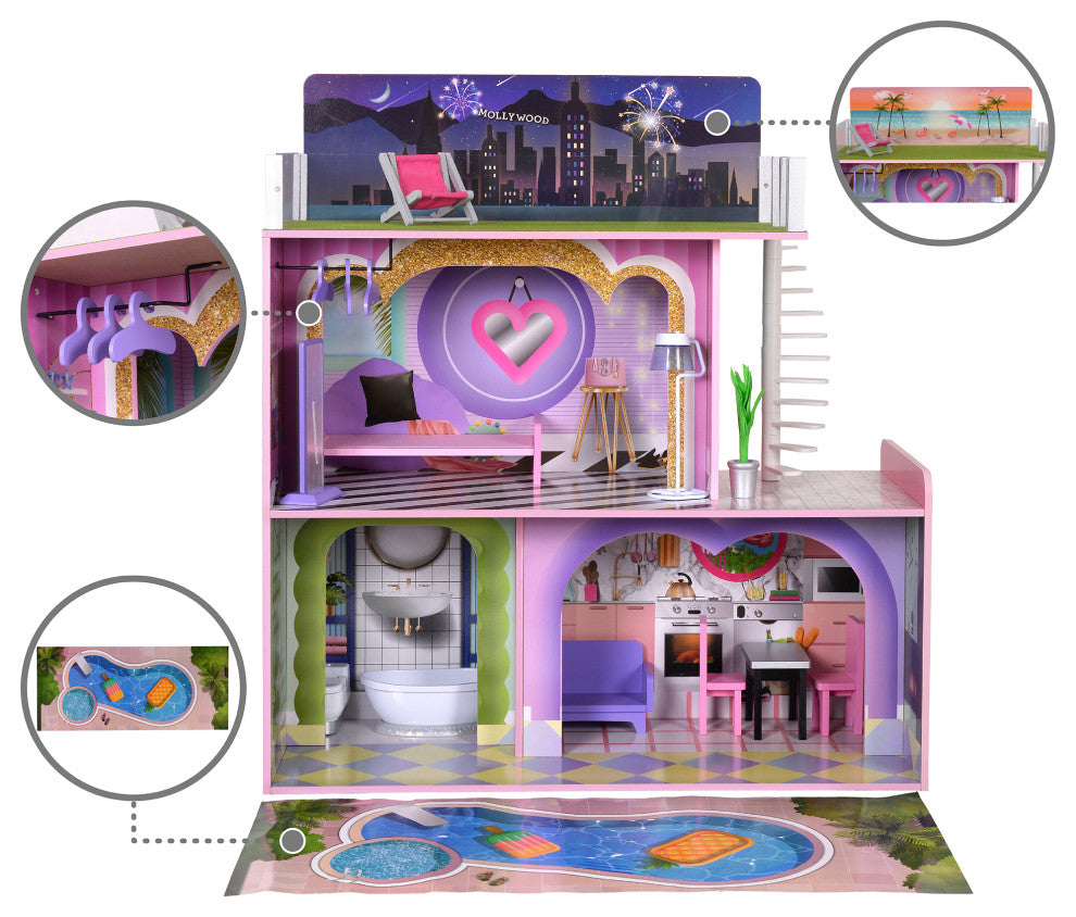 Kids Wooden 3-Level Doll house Set, Dollhouse