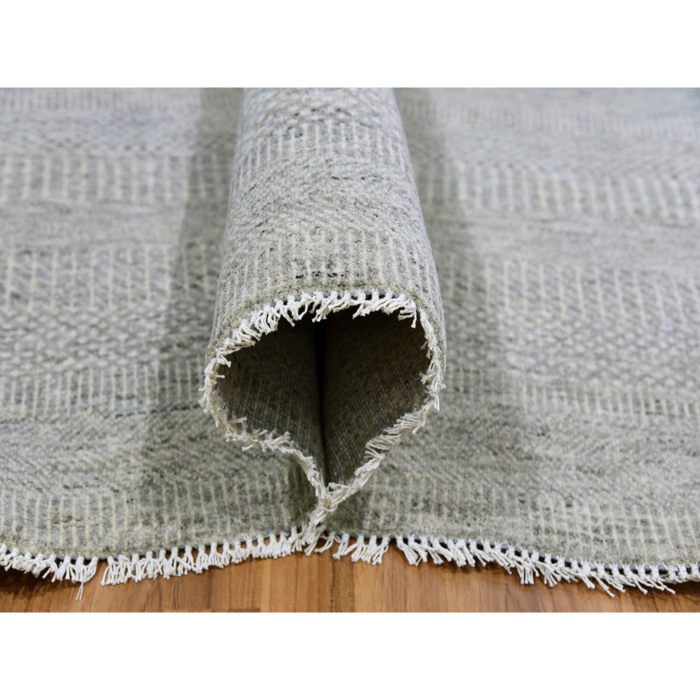 Gray Undyed 100% Wool Modern Grass Design Hand Knotted Square Rug, 9'11"x10'