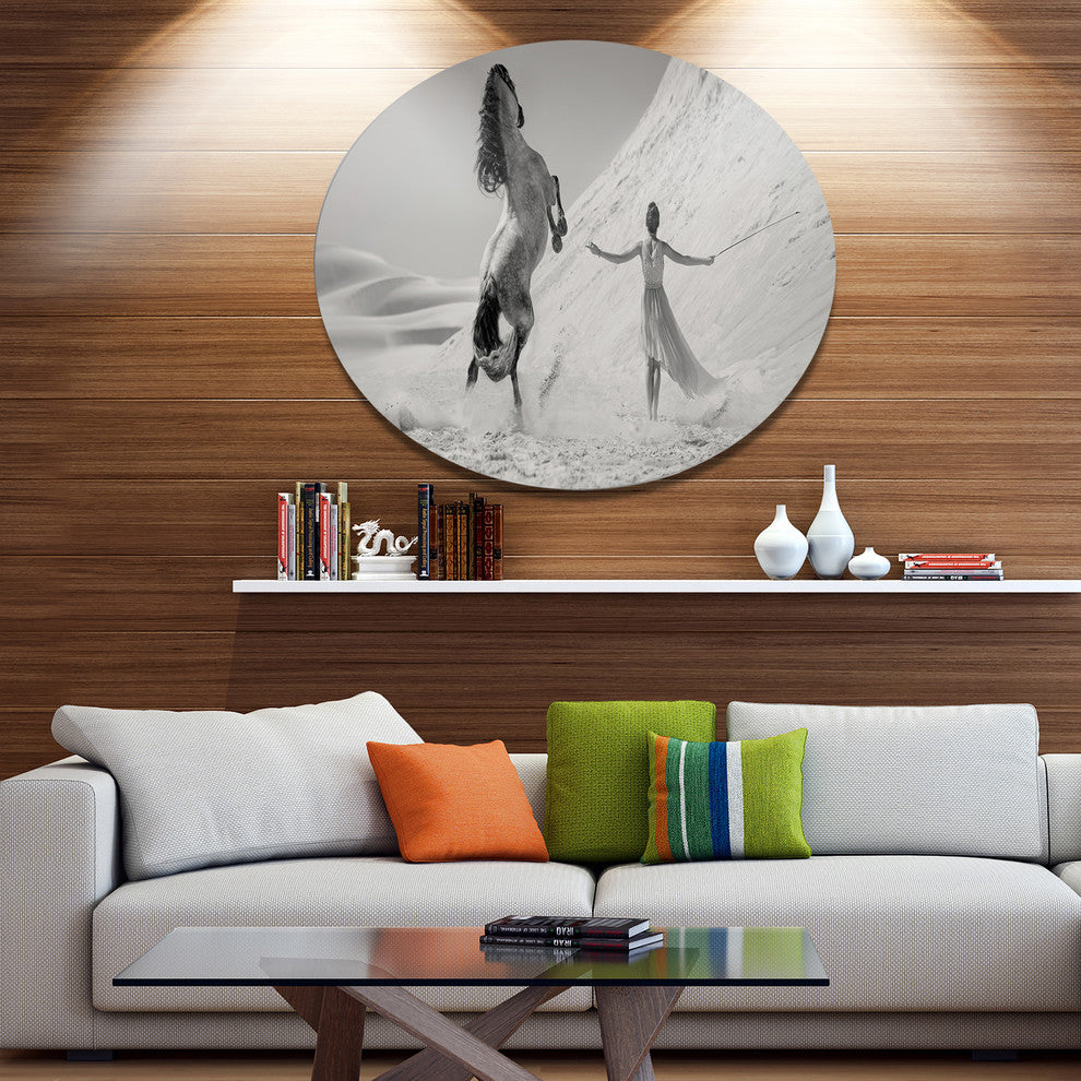 Woman With Majestic Horse, Animal Large Disc Metal Wall Art, 23"