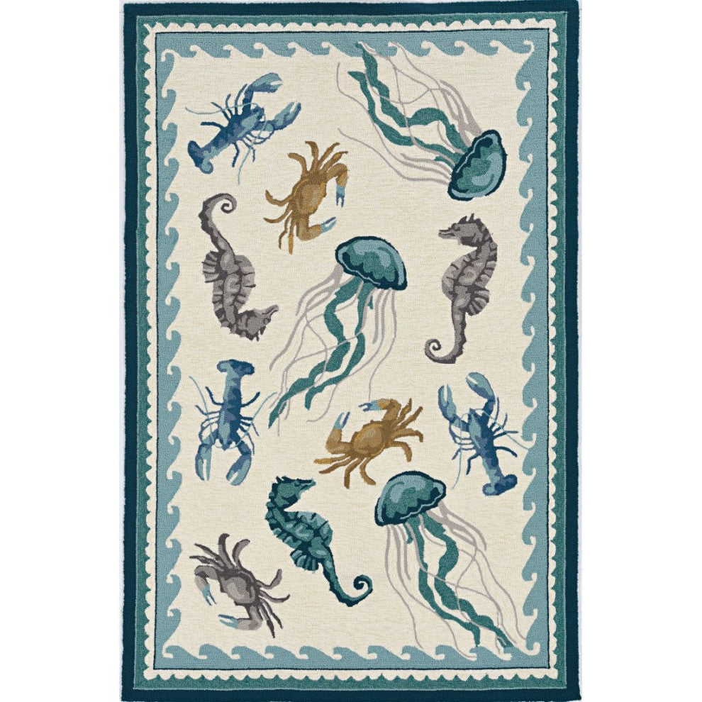 KAS Harbor 4204 Ivory/Teal Beach Life Area Rug, 8'x10'