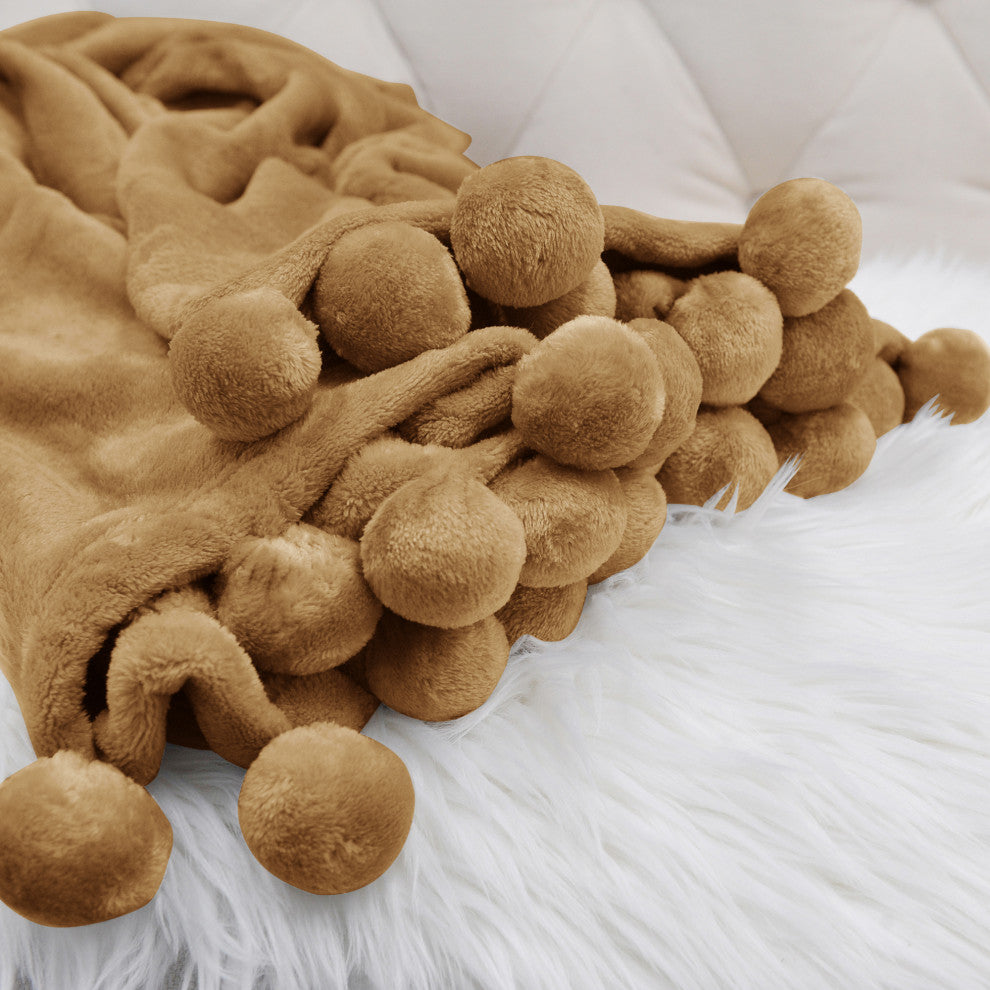 Pom Pom Flannel Fleece Throw Blanket, Amphora, 50" X 60"