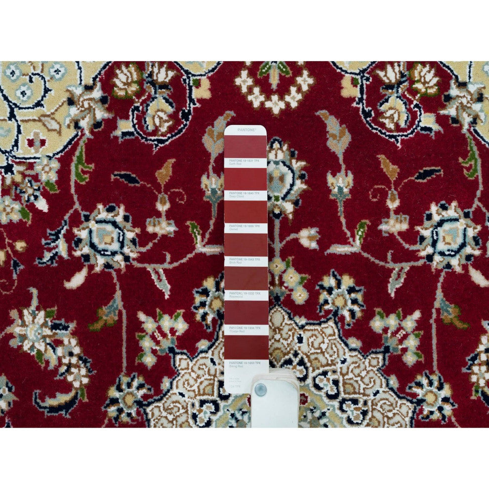 Burgundy Red, Hand Knotted, Nain Design, 250 KPSI Wool Square Rug, 4'1"x4'1"