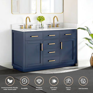 Gavino Vanity with Grain White Composite Stone Top, Royal Blue/Brushed Gold, 54", with Mirror