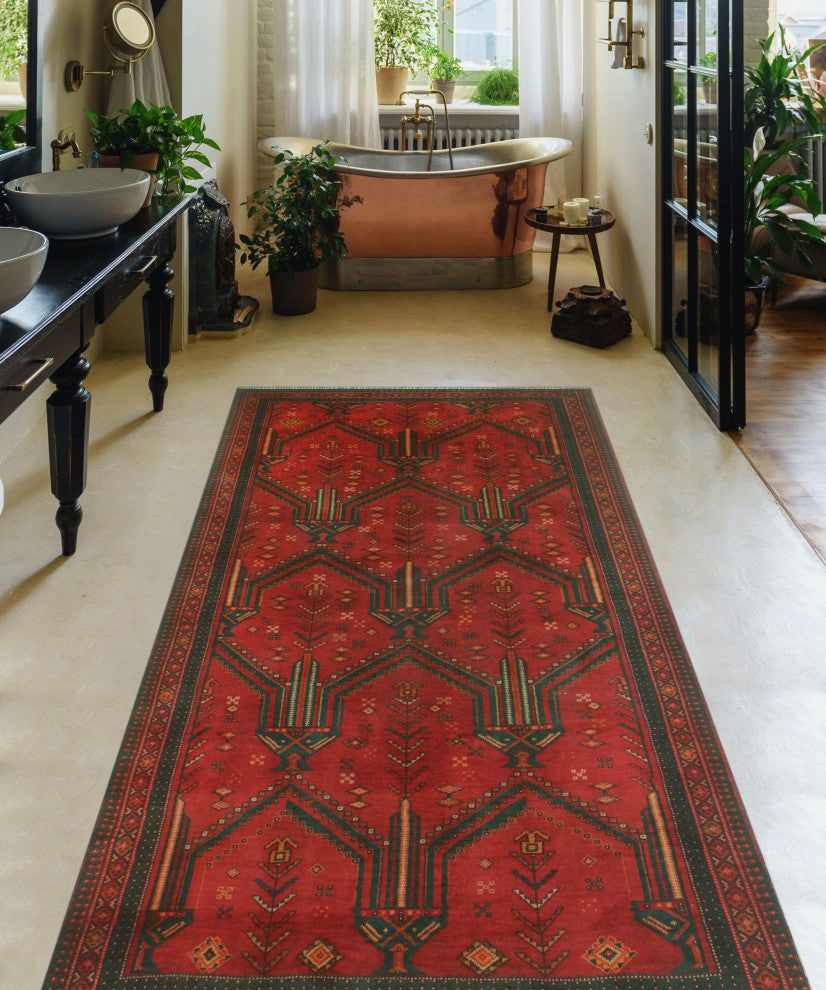 Fine Vintage Distressed Crespin Red/Charcoal Runner, 3'10x7'9