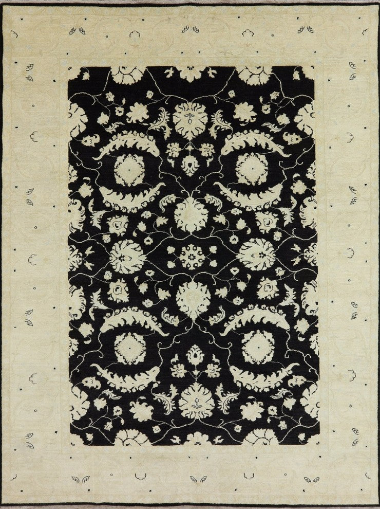 Oriental Chobi Peshawar Black Hand Knotted 9'x12' Rug, W2236