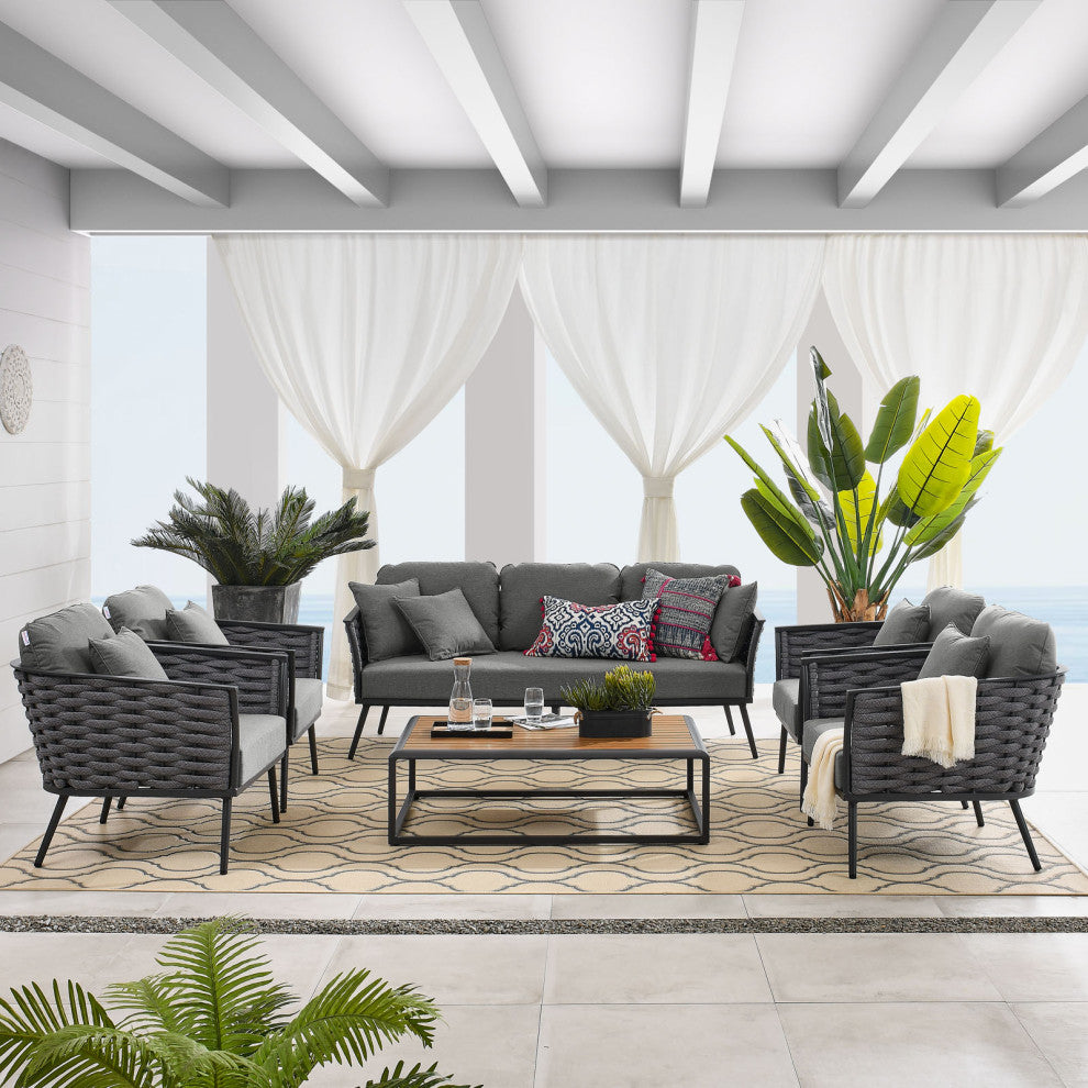 Lounge Sectional Sofa Chair Table Set, Gray, Aluminum, Modern, Outdoor