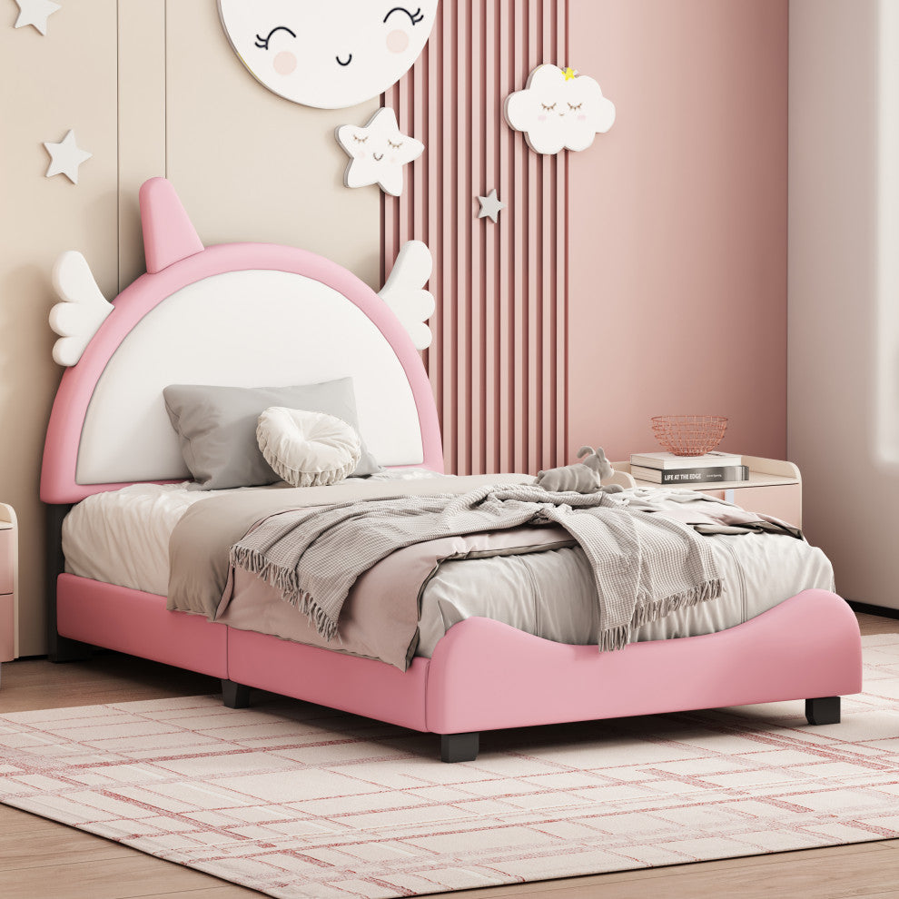 Gewnee Upholstered Twin Platform Bed With Unicorn Shape Headboard in Pink