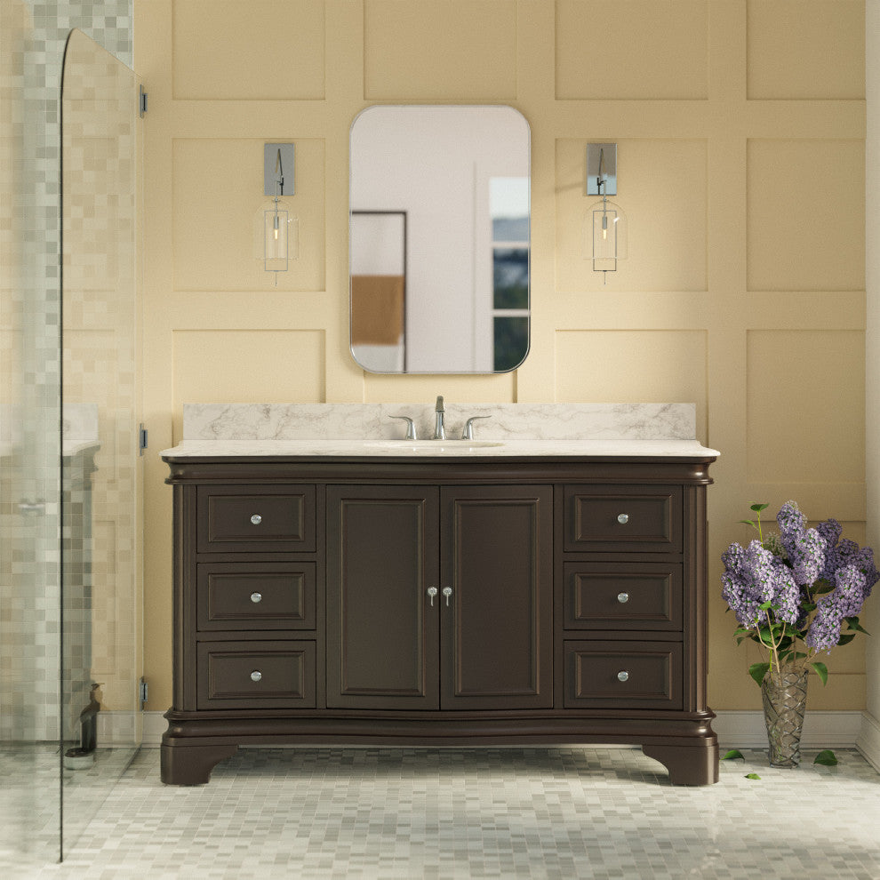 Katherine 60" Bath Vanity, Chocolate, Carrara Marble, Single Vanity