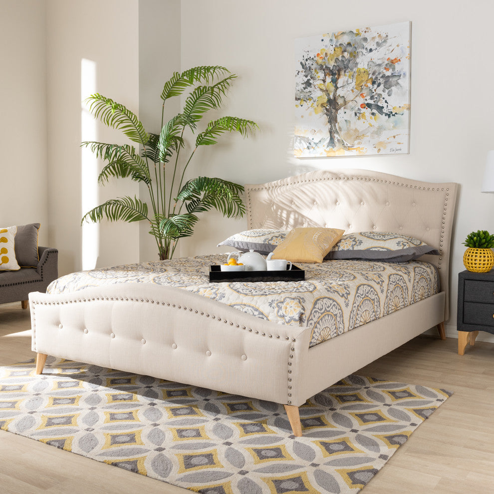 Felisa Modern Beige Fabric Upholstered and Button Tufted Queen Size Platform Bed